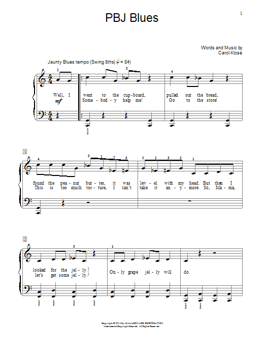 Carol Klose PBJ Blues sheet music notes and chords. Download Printable PDF.