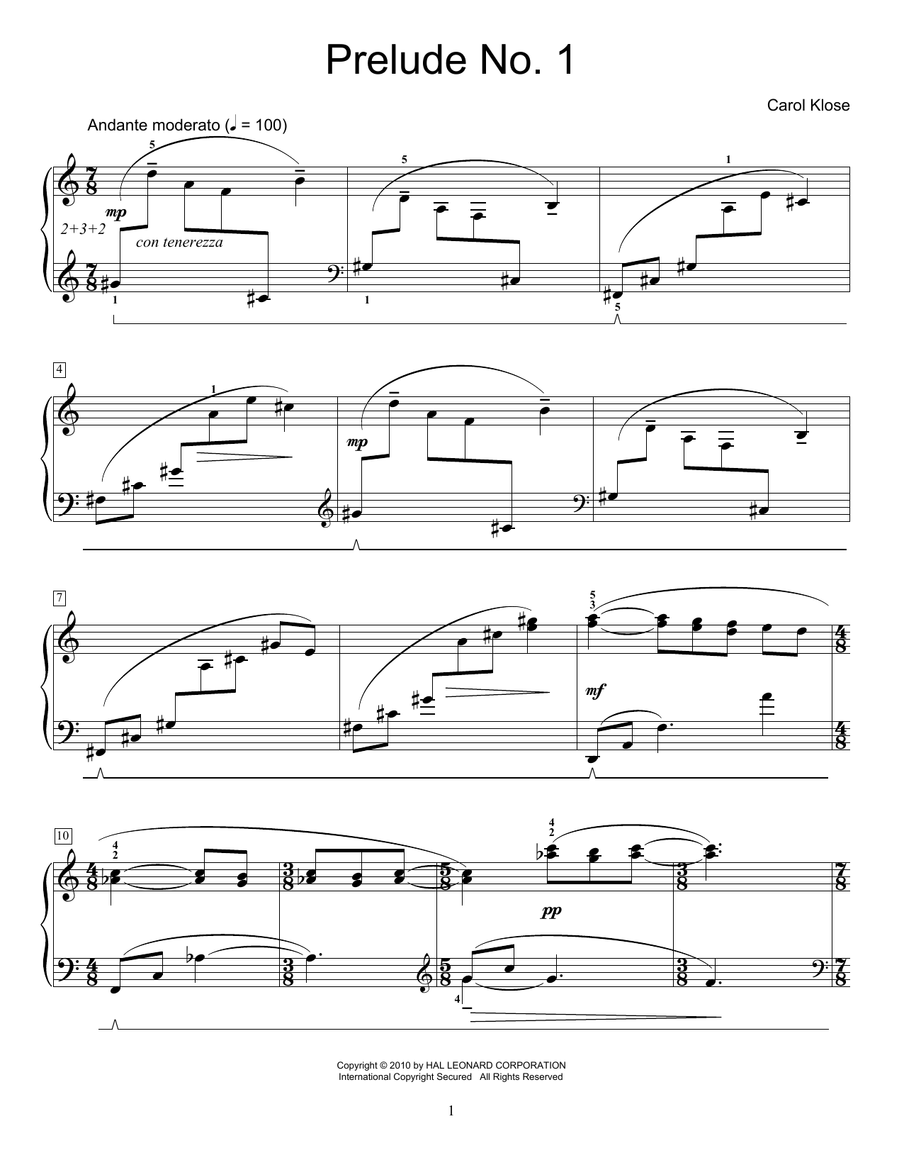 Carol Klose Prelude No. 1 sheet music notes and chords. Download Printable PDF.