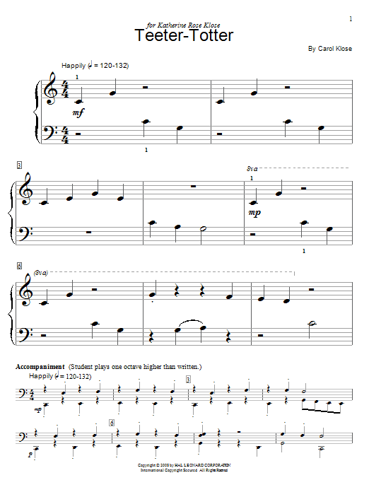 Learn to play Carol Klose Teeter-Totter sheet music for Educational Piano in minutes. Price: 6.9900$ Carol Klose Teeter-Totter sheet music notes and chords arranged for Educational Piano