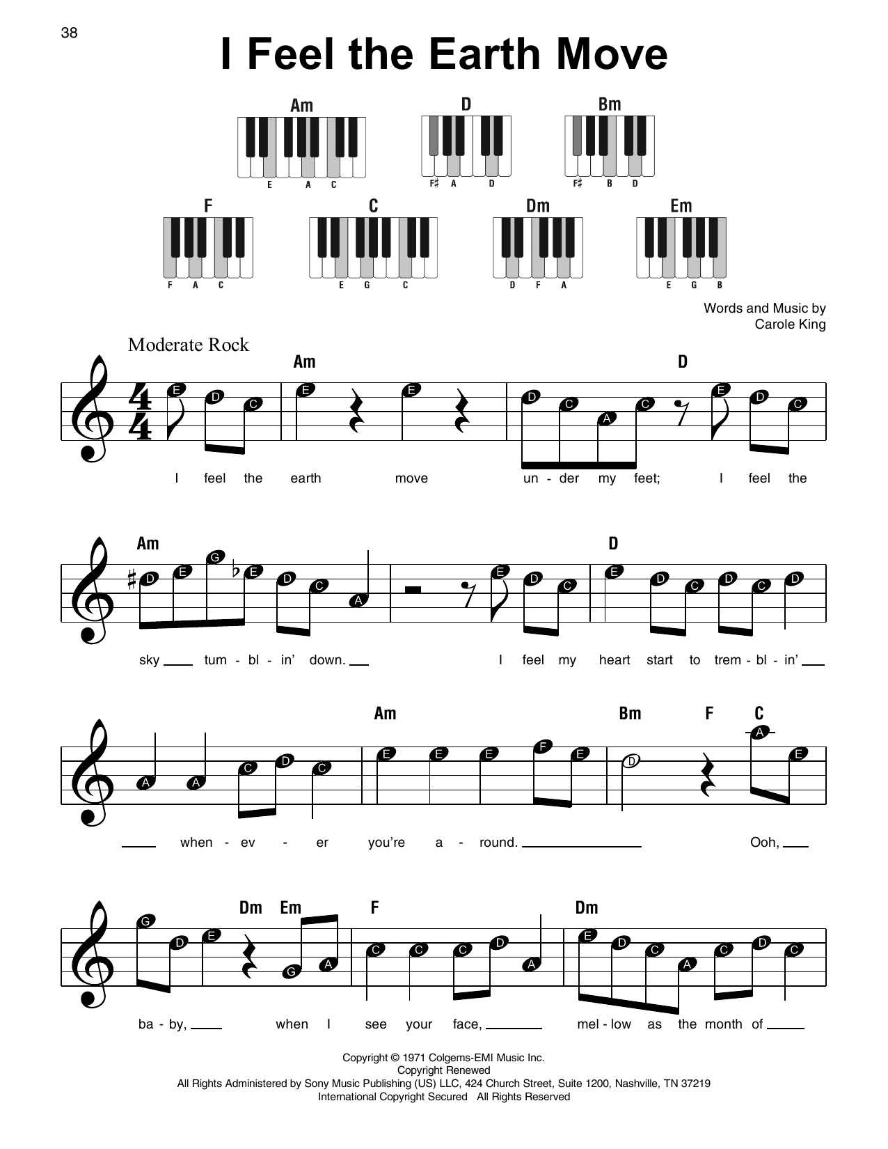 Carole King I Feel The Earth Move sheet music notes and chords arranged for Super Easy Piano