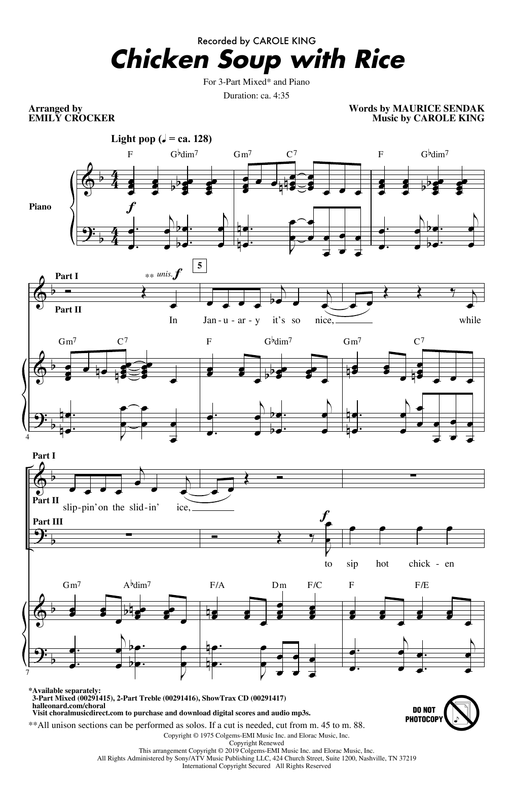 Learn to play Carole King Chicken Soup With Rice (arr. Emily Crocker) sheet music for 3-Part Mixed Choir in minutes. Price: 3.9900$ Carole King Chicken Soup With Rice (arr. Emily Crocker) sheet music notes and chords arranged for 3-Part Mixed Choir