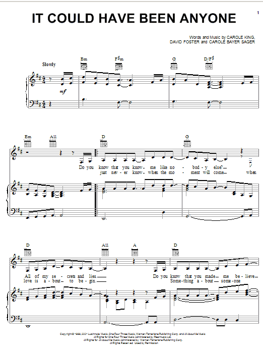 Learn to play Carole King It Could Have Been Anyone sheet music for Piano, Vocal & Guitar (Right-Hand Melody) in minutes. Carole King It Could Have Been Anyone sheet music notes and chords. Download Printable PDF.