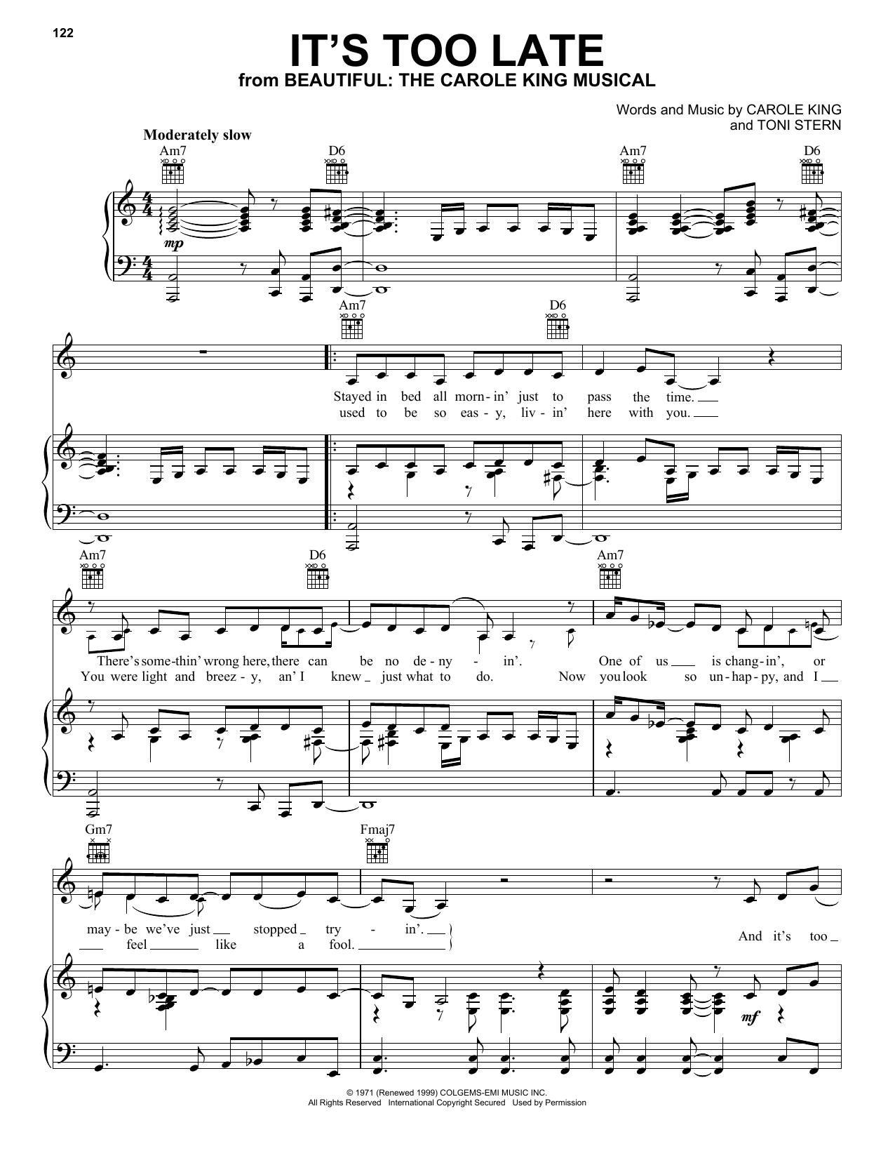 Carole King It's Too Late sheet music notes and chords. Download Printable PDF.