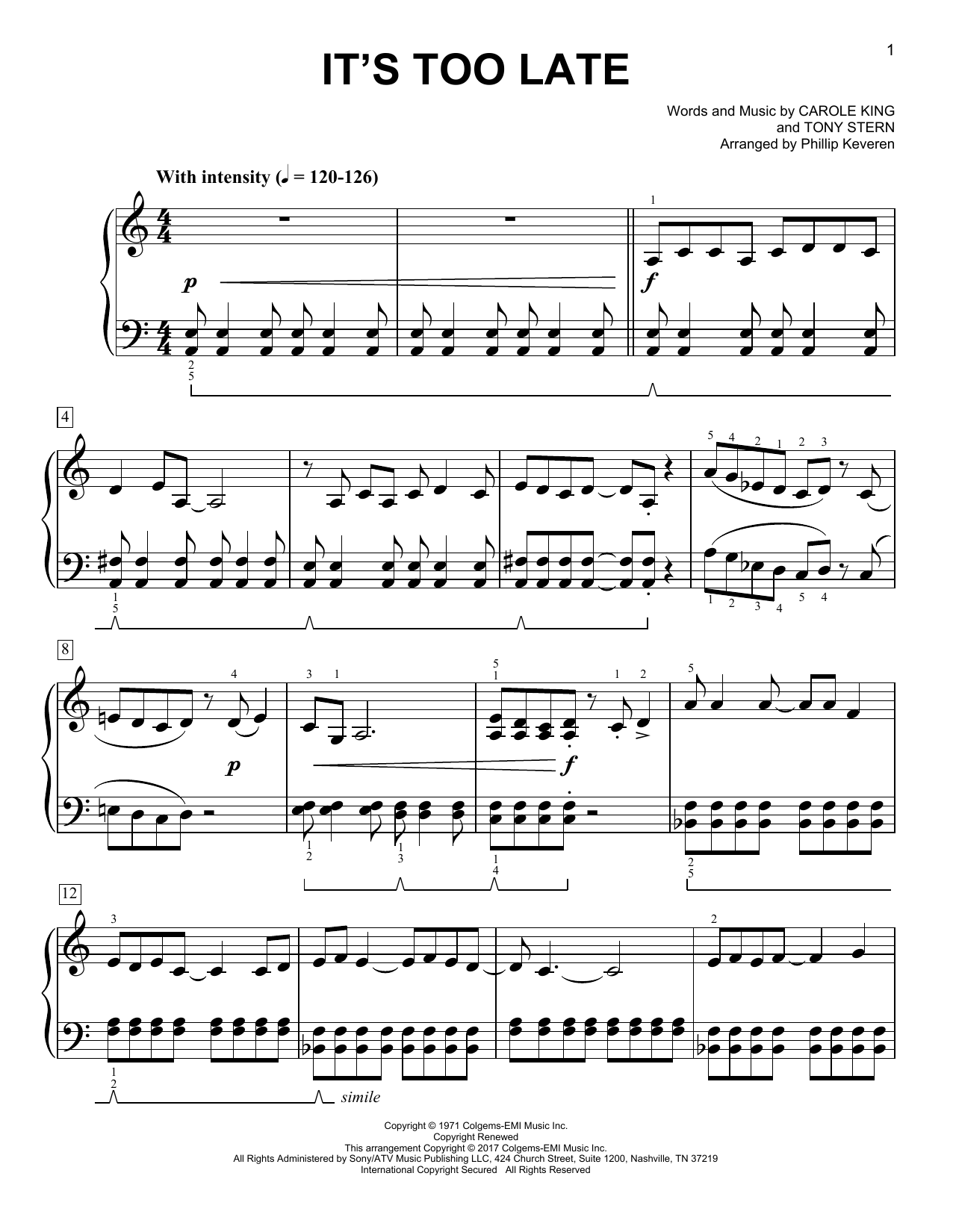 Carole King It S Too Late Classical Version Arr Phillip Keveren Sheet Music Pdf Notes Chords Pop Score Easy Piano Download Printable Sku