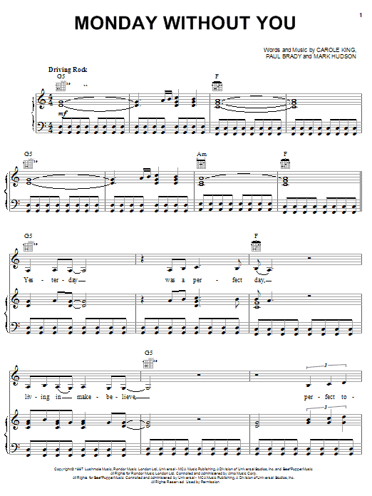 Carole King Monday Without You sheet music notes and chords. Download Printable PDF.