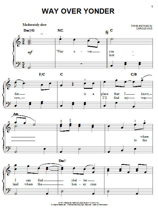 Learn to play Carole King Way Over Yonder sheet music for Easy Piano in minutes. Price: 5.9900$ Carole King Way Over Yonder sheet music notes and chords. Download Printable PDF.