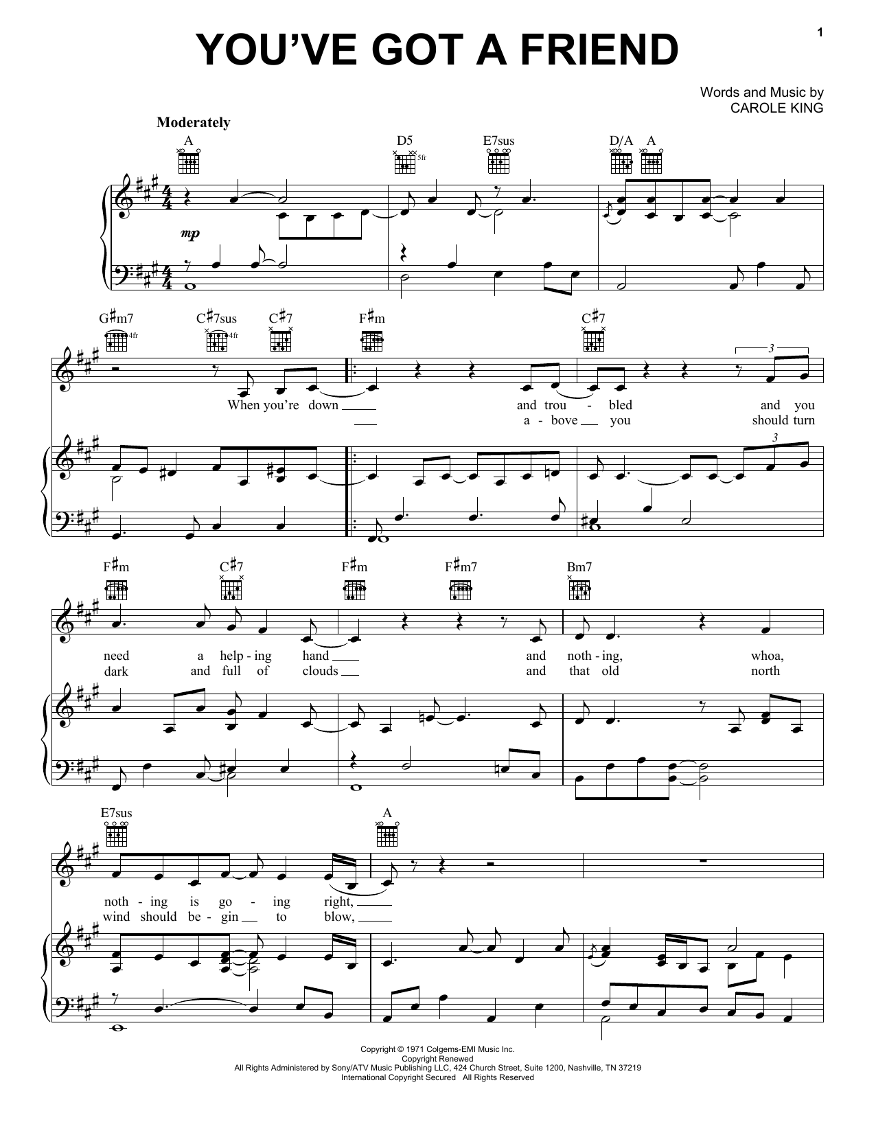 Carole King You've Got A Friend sheet music notes and chords. Download Printable PDF.