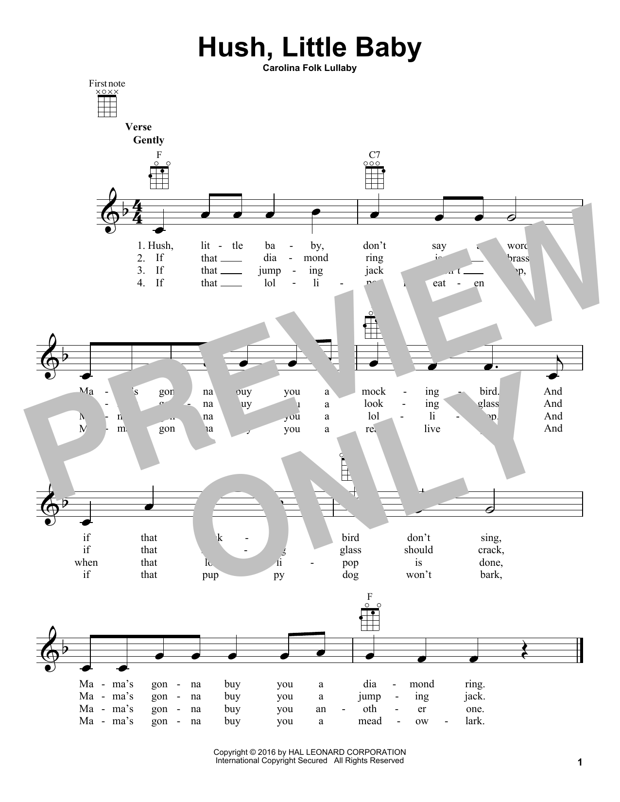 Traditional "Hush, Little Baby" Sheet Music PDF Notes, Chords Children Score Download Printable. 170167