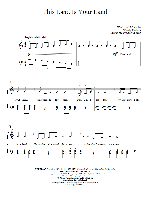 Carolyn Miller This Land Is Your Land sheet music notes and chords. Download Printable PDF.