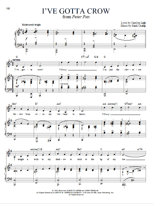Learn to play Carolyn Leigh I've Gotta Crow sheet music for Lead Sheet / Fake Book in minutes. Price: 5.9900$ Carolyn Leigh I've Gotta Crow sheet music notes and chords arranged for Lead Sheet / Fake Book