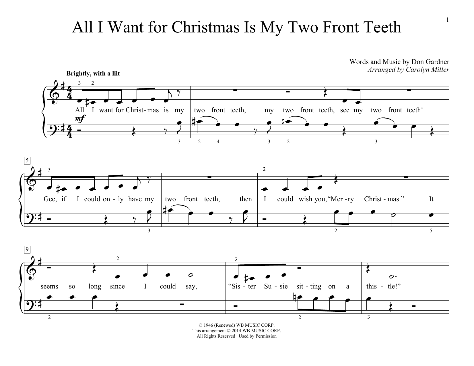 Carolyn Miller All I Want For Christmas Is My Two Front Teeth Sheet Music Pdf Notes Chords Children Score Educational Piano Download Printable Sku 155545