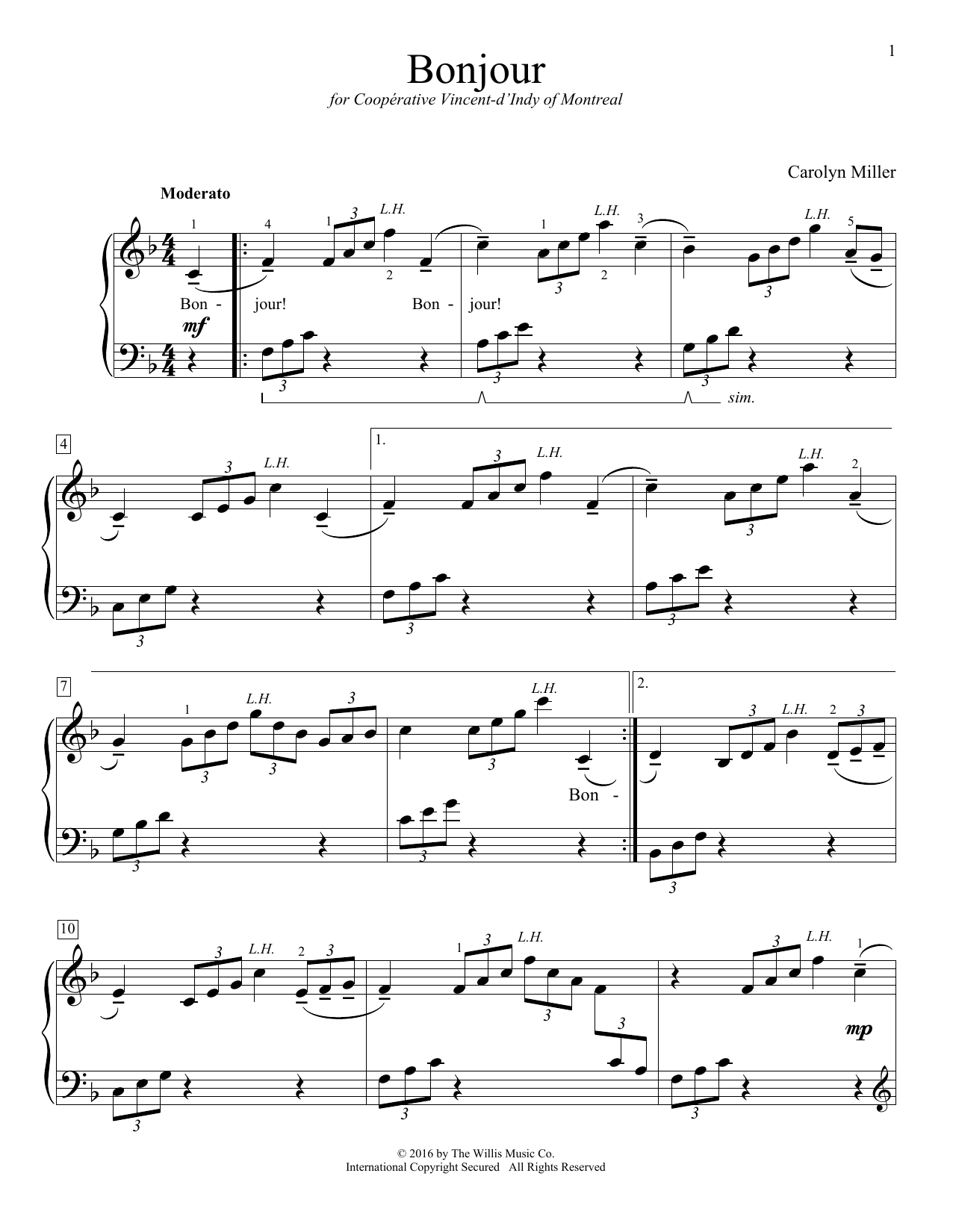 Carolyn Miller Bonjour sheet music notes and chords. Download Printable PDF.