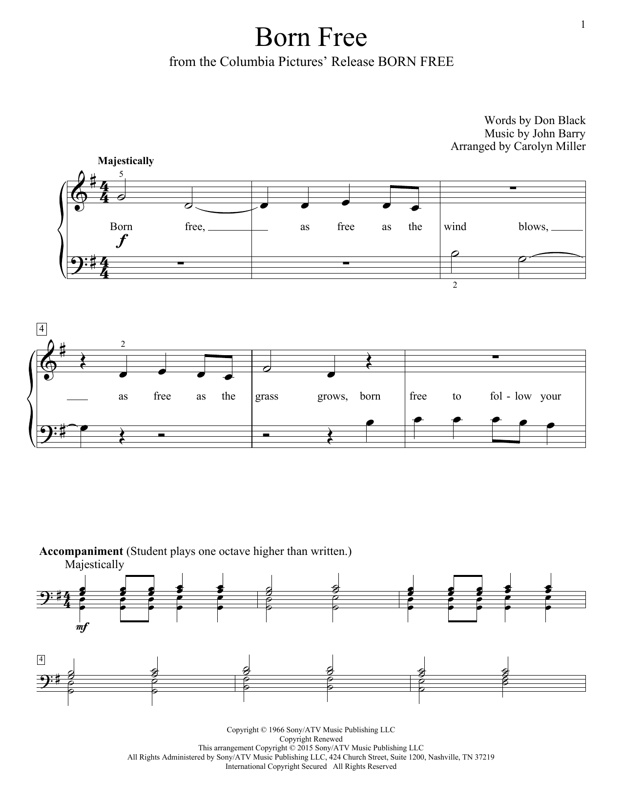 Carolyn Miller Born Free sheet music notes and chords. Download Printable PDF.