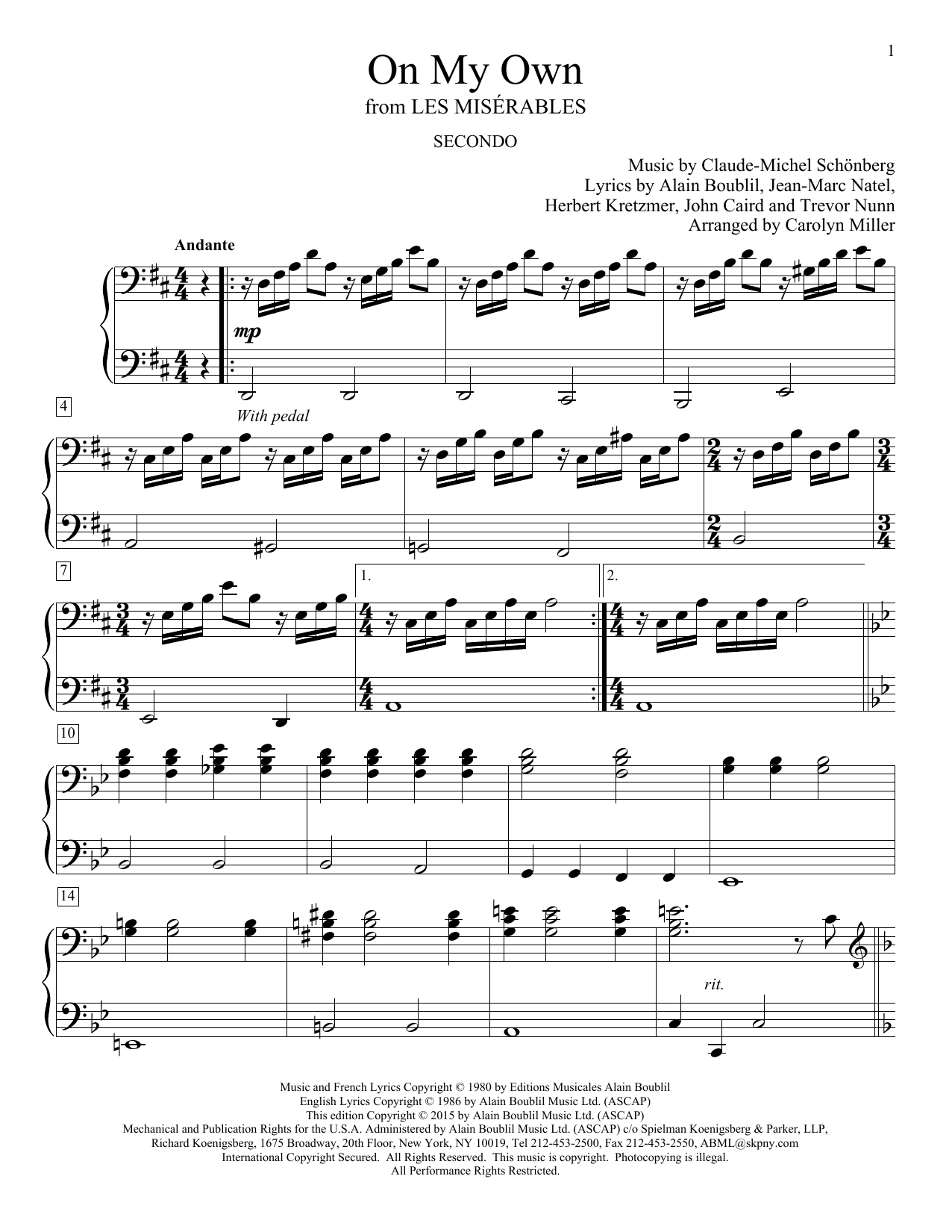 Carolyn Miller On My Own (from Les Miserables) sheet music notes and chords. Download Printable PDF.