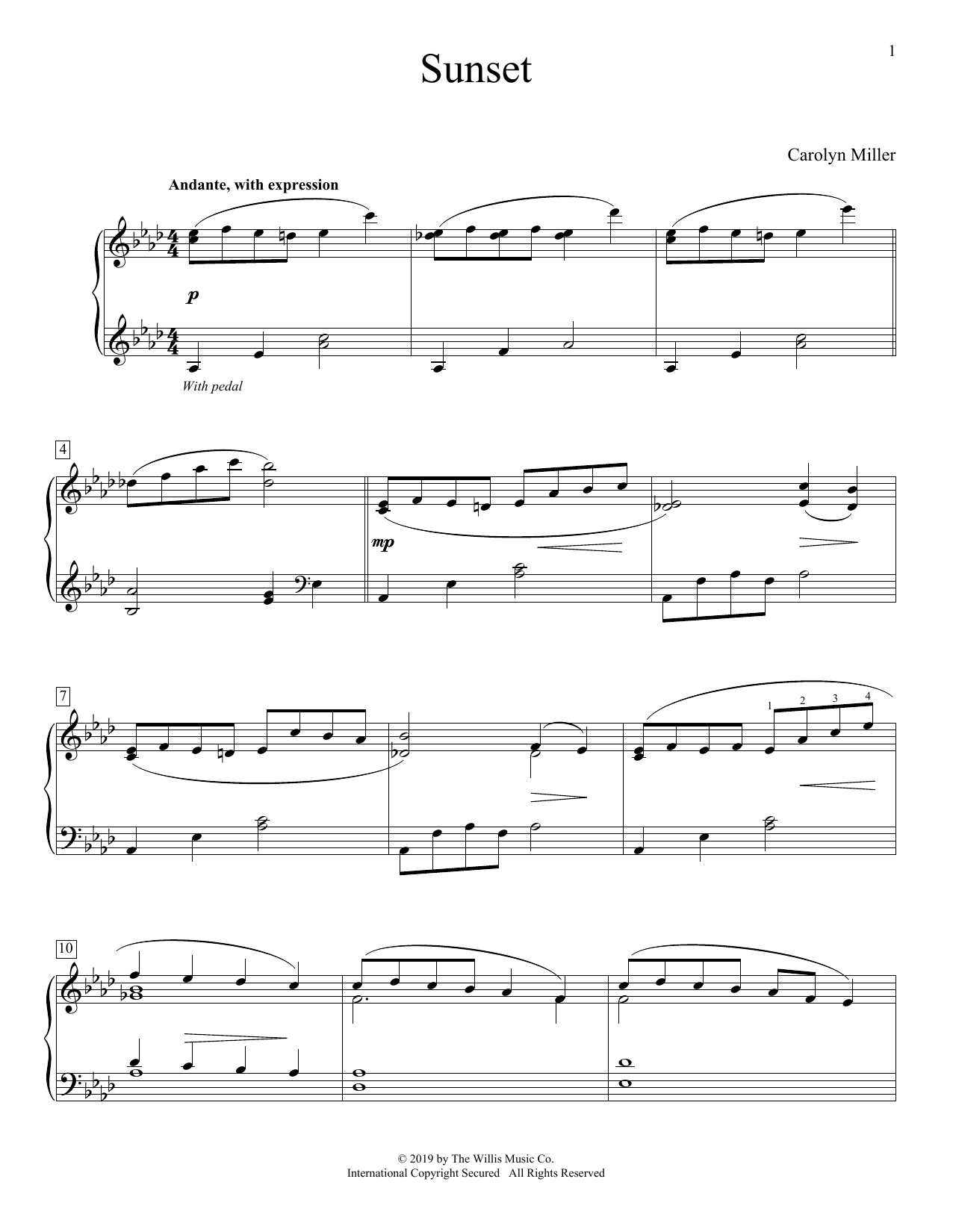 Carolyn Miller Sunset sheet music notes and chords. Download Printable PDF.