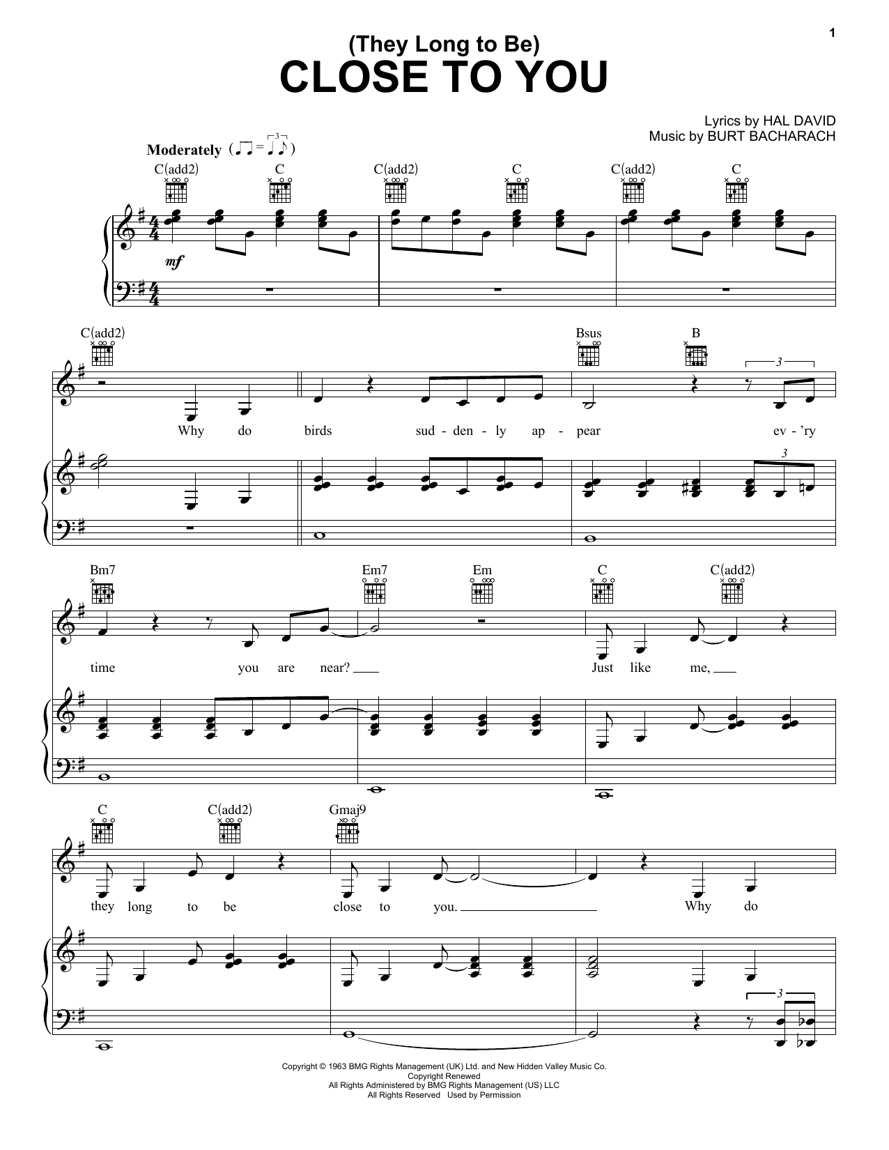 Carpenters (They Long To Be) Close To You sheet music notes and chords. Download Printable PDF.