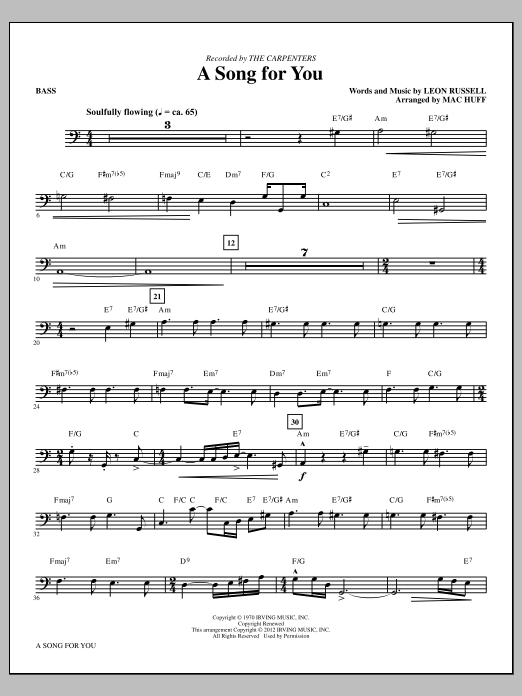 Learn to play Carpenters A Song For You (arr. Mac Huff) - Bass sheet music for Choir Instrumental Pak in minutes. Price: 8.9900$ Carpenters A Song For You (arr. Mac Huff) - Bass sheet music notes and chords arranged for Choir Instrumental Pak