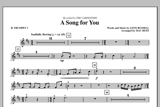 Learn to play Carpenters A Song For You (arr. Mac Huff) - Bb Trumpet 1 sheet music for Choir Instrumental Pak in minutes. Price: 8.9900$ Carpenters A Song For You (arr. Mac Huff) - Bb Trumpet 1 sheet music notes and chords arranged for Choir Instrumental Pak