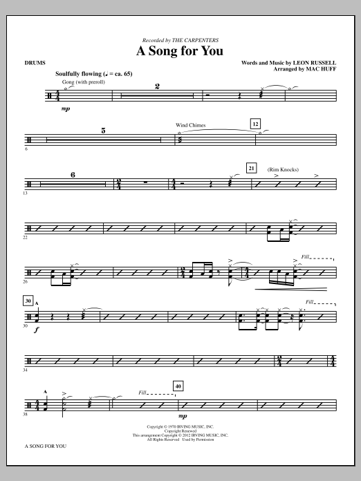 Learn to play Carpenters A Song For You (arr. Mac Huff) - Drums sheet music for Choir Instrumental Pak in minutes. Price: 8.9900$ Carpenters A Song For You (arr. Mac Huff) - Drums sheet music notes and chords arranged for Choir Instrumental Pak