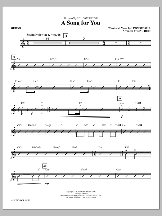 Learn to play Carpenters A Song For You (arr. Mac Huff) - Guitar sheet music for Choir Instrumental Pak in minutes. Price: 8.9900$ Carpenters A Song For You (arr. Mac Huff) - Guitar sheet music notes and chords arranged for Choir Instrumental Pak