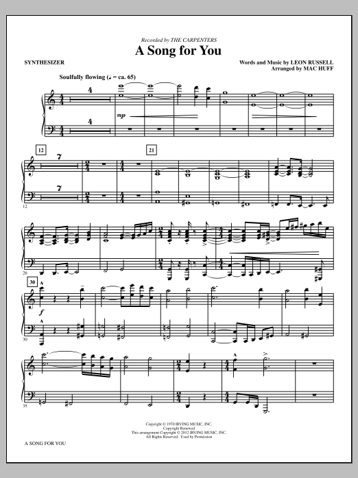 Learn to play Carpenters A Song For You (arr. Mac Huff) - Synthesizer sheet music for Choir Instrumental Pak in minutes. Price: 8.9900$ Carpenters A Song For You (arr. Mac Huff) - Synthesizer sheet music notes and chords arranged for Choir Instrumental Pak