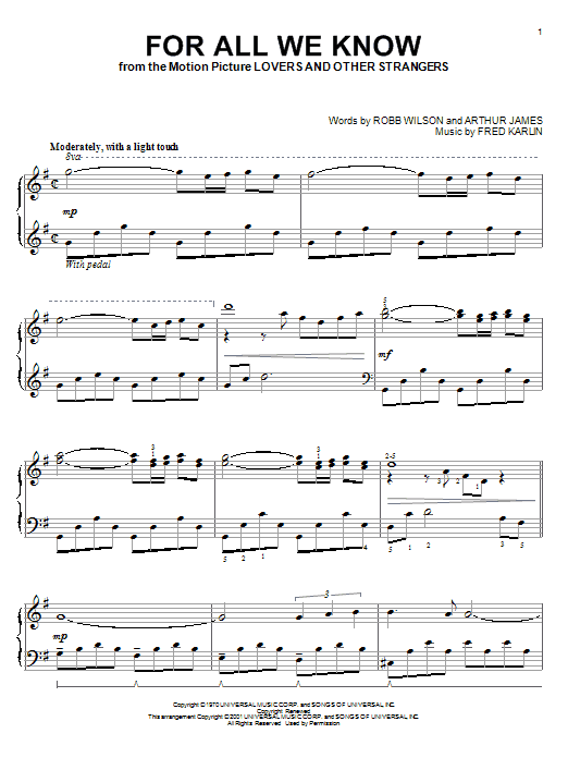 Learn to play Carpenters For All We Know sheet music for Piano Solo in minutes. Carpenters For All We Know sheet music notes and chords. Download Printable PDF.