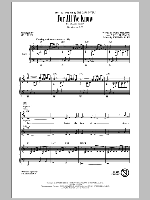 Learn to play Mac Huff For All We Know sheet music for SSA Choir in minutes. Price: 3.9900$ Mac Huff For All We Know sheet music notes and chords arranged for SSA Choir
