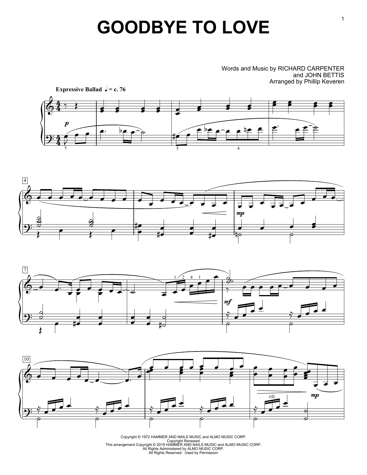 Learn to play Carpenters Goodbye To Love (arr. Phillip Keveren) sheet music for Piano Solo in minutes. Carpenters Goodbye To Love (arr. Phillip Keveren) sheet music notes and chords. Download Printable PDF.
