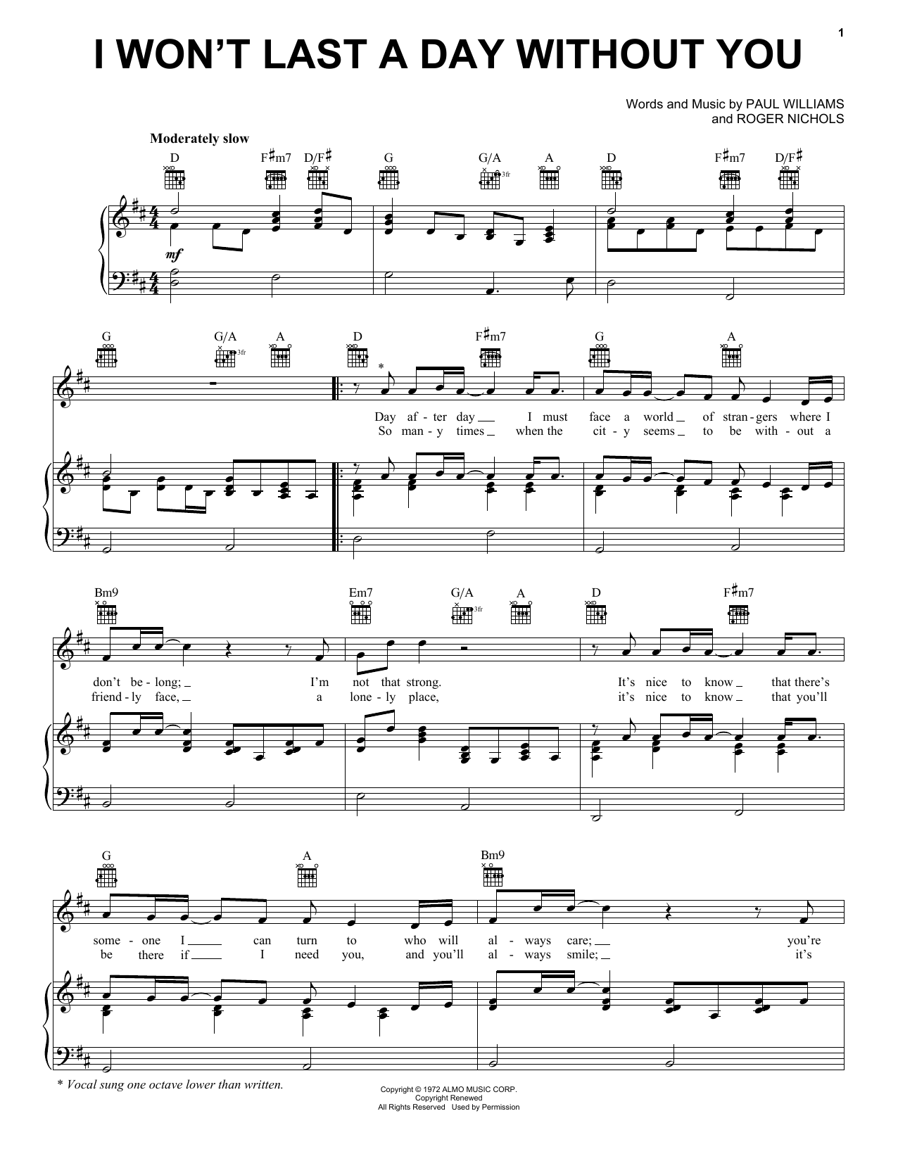 Carpenters I Won't Last A Day Without You sheet music notes and chords. Download Printable PDF.