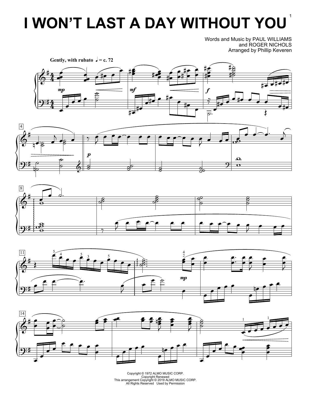 The Carpenters I Won T Last A Day Without You Arr Phillip Keveren Sheet Music Pdf Notes Chords Pop Score Easy Piano Download Printable Sku