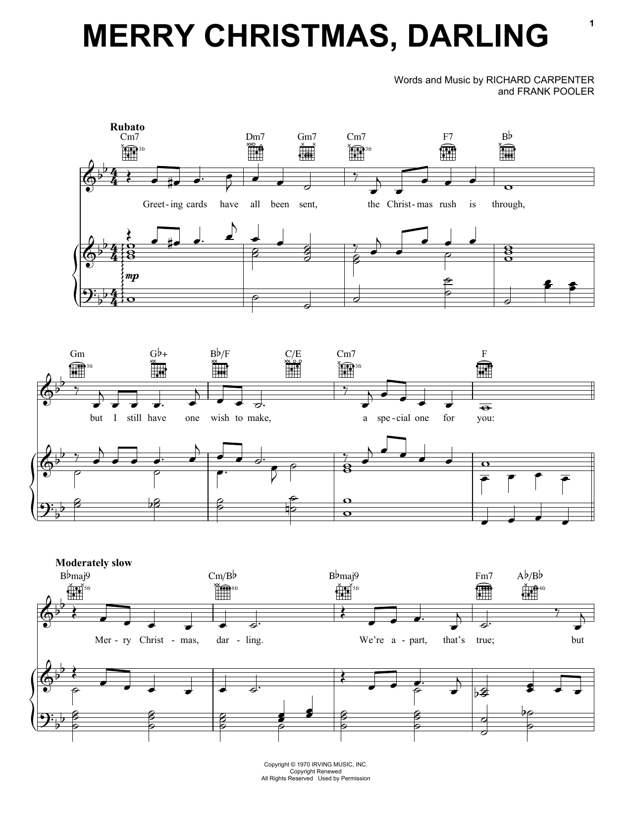 Carpenters Merry Christmas Darling Sheet Music Pdf Notes Chords Winter Score Piano Solo Download Printable Sku 173278