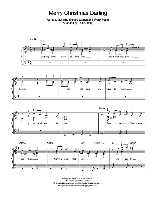 Carpenters "Merry Christmas Darling" Sheet Music Pdf Notes, Chords | Christmas Score Easy Piano Download Printable. Sku: 49536