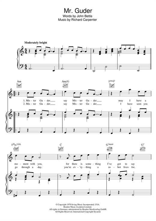 Carpenters Mr. Guder sheet music notes and chords. Download Printable PDF.