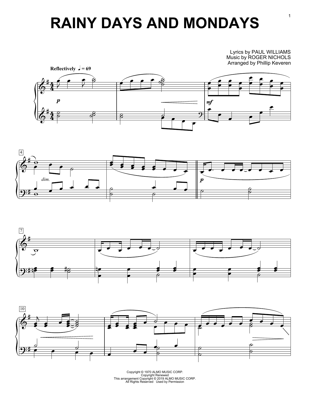 Carpenters rainy days and mondays sheet music for piano solo