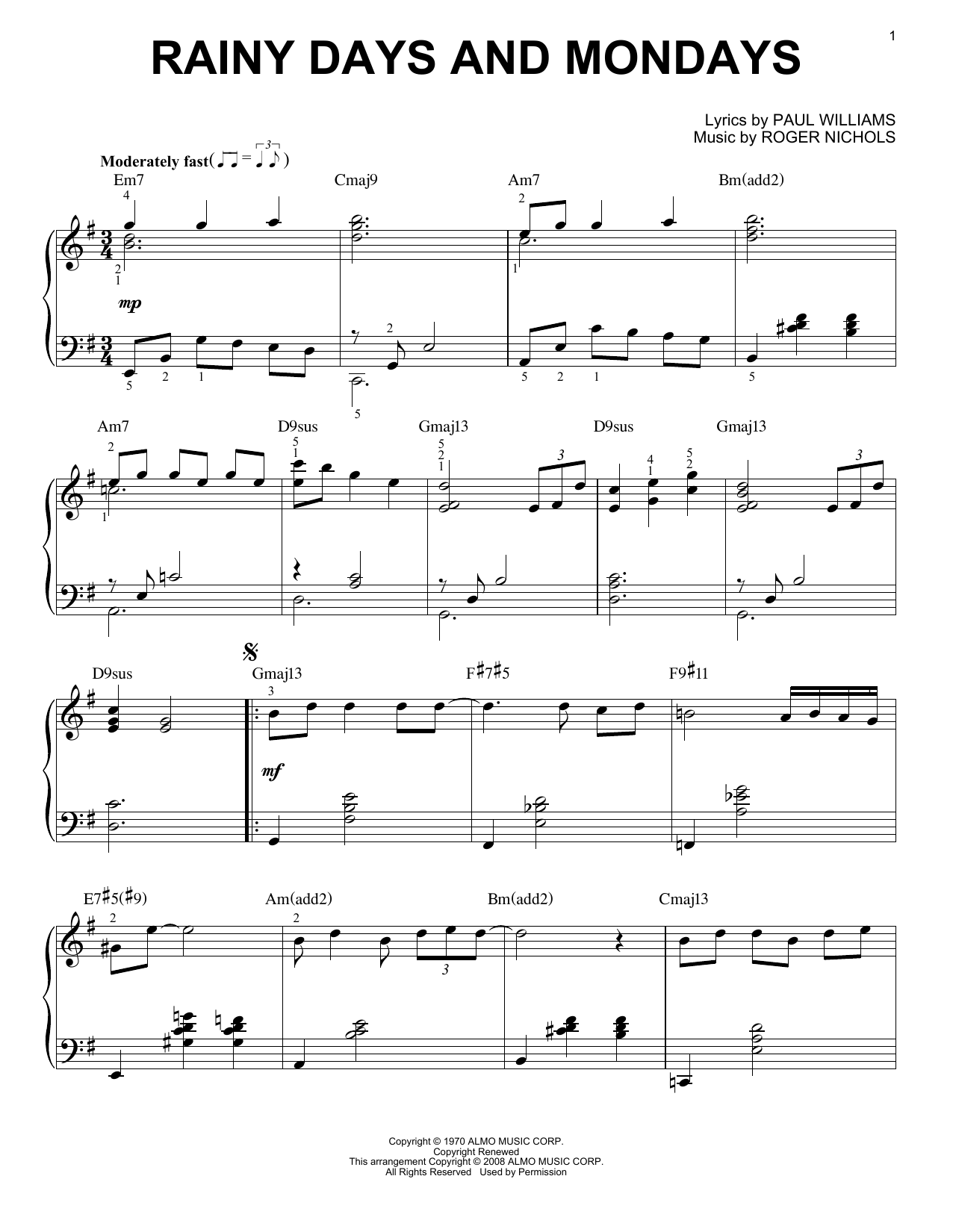 Carpenters Rainy Days And Mondays Jazz Version Arr Brent Edstrom Sheet Music Pdf Notes Chords Pop Score Piano Solo Download Printable Sku 67236