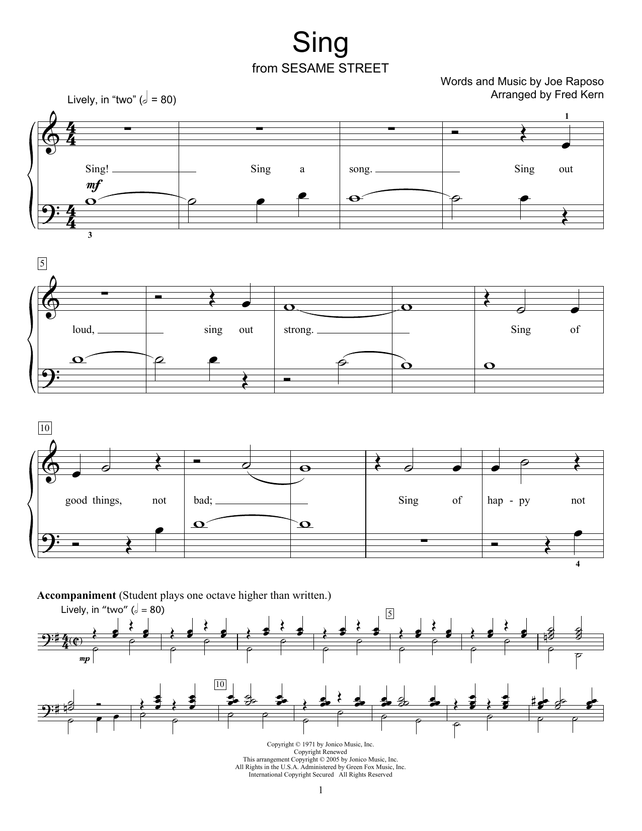 Learn to play Fred Kern Sing sheet music for Educational Piano in minutes. Price: 6.9900$ Fred Kern Sing sheet music notes and chords arranged for Educational Piano