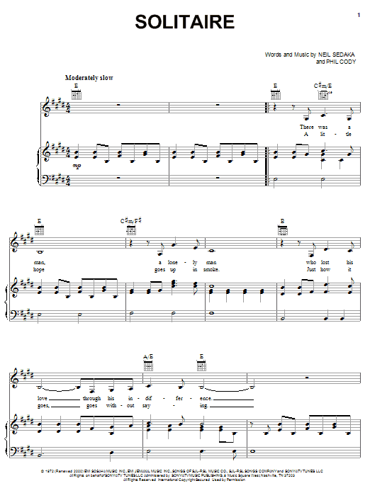 Learn to play Carpenters Solitaire sheet music for Piano, Vocal & Guitar (Right-Hand Melody) in minutes. Carpenters Solitaire sheet music notes and chords