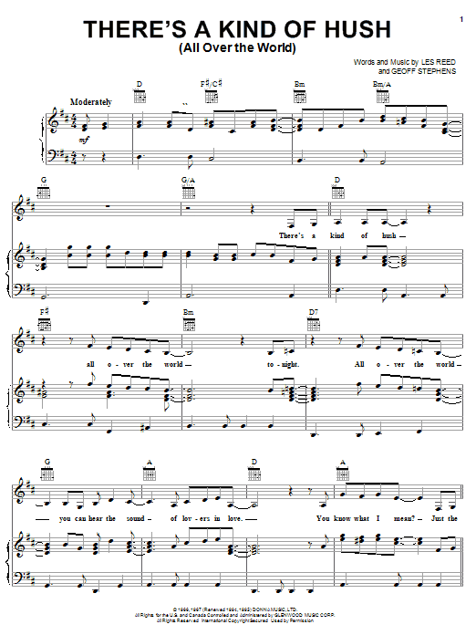 Learn to play Carpenters There's A Kind Of Hush (All Over The World) sheet music for Piano, Vocal & Guitar (Right-Hand Melody) in minutes. Carpenters There's A Kind Of Hush (All Over The World) sheet music notes and chords