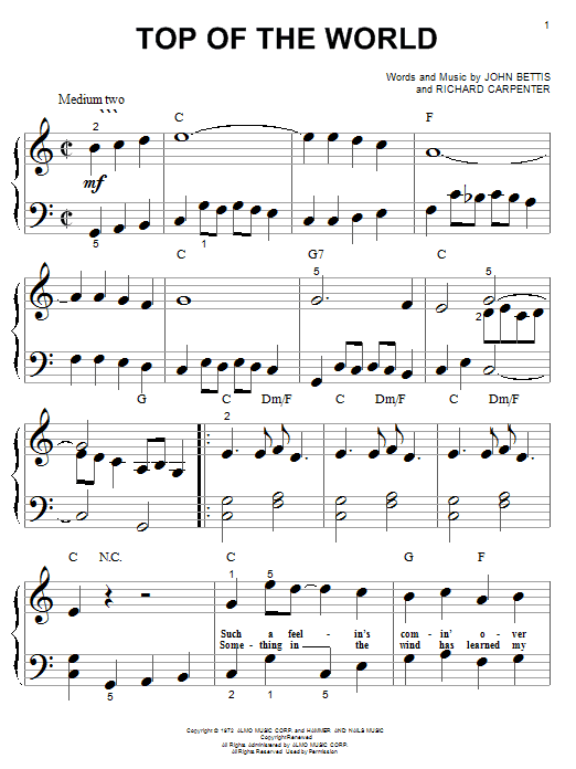 Carpenters Top Of The World sheet music notes and chords. Download Printable PDF.