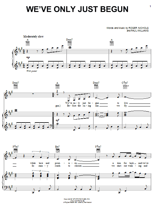 Preview Carpenters We've Only Just Begun Pop sheet music, notes and chords for Piano, Vocal & Guitar (Right-Hand Melody), SKU: 31571 sheet music, piano notes, chords, guitar tabs, score, transpose, transcribe, how to play, guide, download, learn, tutorial, progression, song, artist, awards, billboard, mtv, vh1, tour, single, album, release