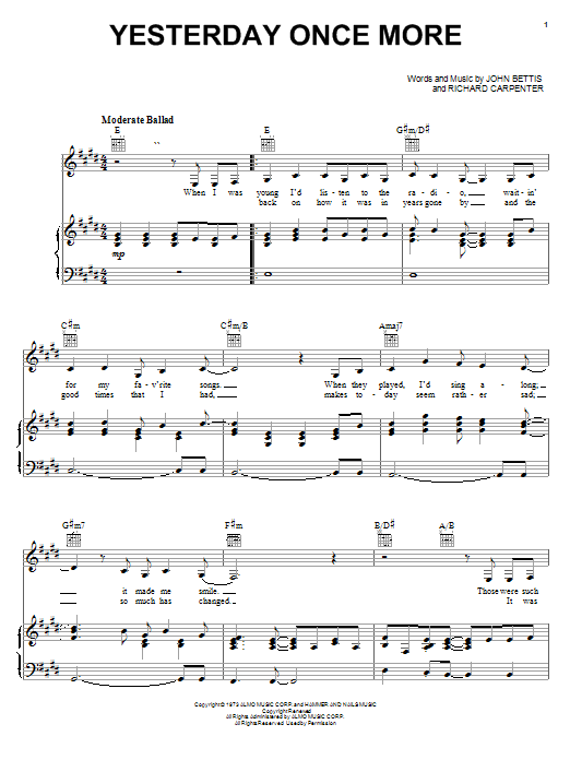 Carpenters Yesterday Once More Sheet Music Pdf Notes Chords Pop Score Piano Vocal Guitar Right Hand Melody Download Printable Sku 19395
