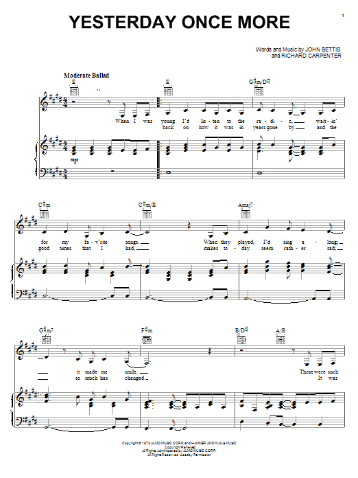 Learn to play Carpenters Yesterday Once More sheet music for Piano Solo in minutes. Carpenters Yesterday Once More sheet music notes and chords. Download Printable PDF.