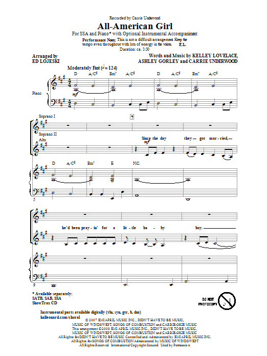 Learn to play Carrie Underwood All-American Girl (arr. Ed Lojeski) sheet music for SSA Choir in minutes. Carrie Underwood All-American Girl (arr. Ed Lojeski) sheet music notes and chords. Download Printable PDF.