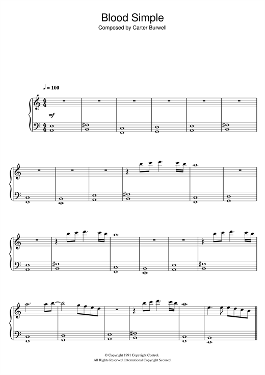 Learn to play Carter Burwell Blood Simple (from Blood Simple) sheet music for Piano Solo in minutes. Carter Burwell Blood Simple (from Blood Simple) sheet music notes and chords. Download Printable PDF.