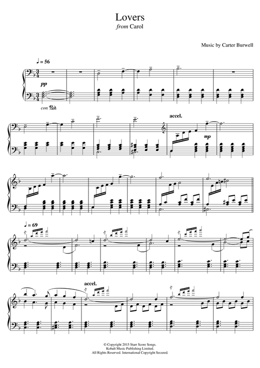 Carter Burwell Lovers From Carol Sheet Music Pdf Notes Chords Film Tv Score Piano Solo Download Printable Sku 123076