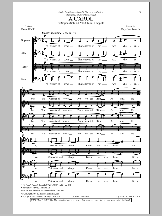 Cary John Franklin A Carol sheet music notes and chords. Download Printable PDF.