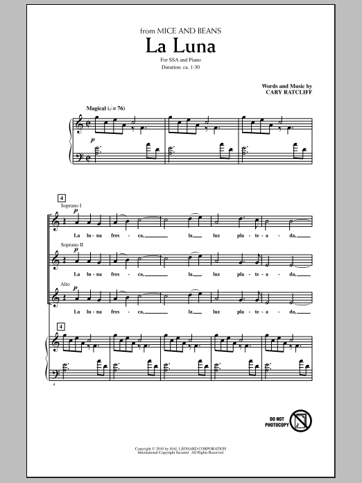 Cary Ratcliff La Luna sheet music notes and chords. Download Printable PDF.