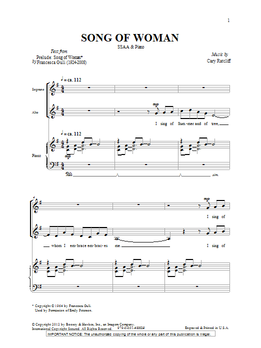 Cary Ratcliff Song Of Woman sheet music notes and chords. Download Printable PDF.