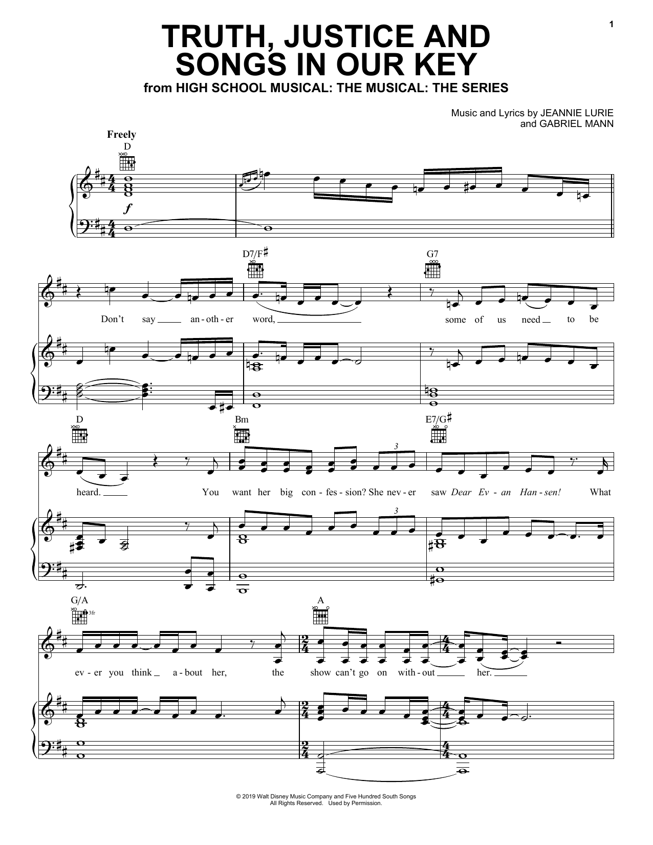 Learn to play Cast of High School Musical: The Musical: The Series Truth, Justice And Songs In Our Key (from High School Musical: The Musical: The Series) sheet music for Piano, Vocal & Guitar Chords (Right-Hand Melody) in minutes. Price: 6.9900$ Cast of High School Musical: The Musical: The Series Truth, Justice And Songs In Our Key (from High School Musical: The Musical: The Series) sheet music notes and chords arranged for Piano, Vocal & Guitar Chords (Right-Hand Melody)