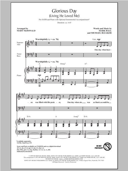 Casting Crowns Glorious Day Living He Loved Me Arr Mary Mcdonald Sheet Music Pdf Notes Chords Christian Score Satb Choir Download Printable Sku